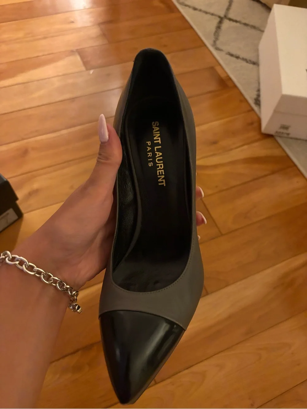 Saint Laurent Gray Leather Pump with Black Patent Cap-Toe